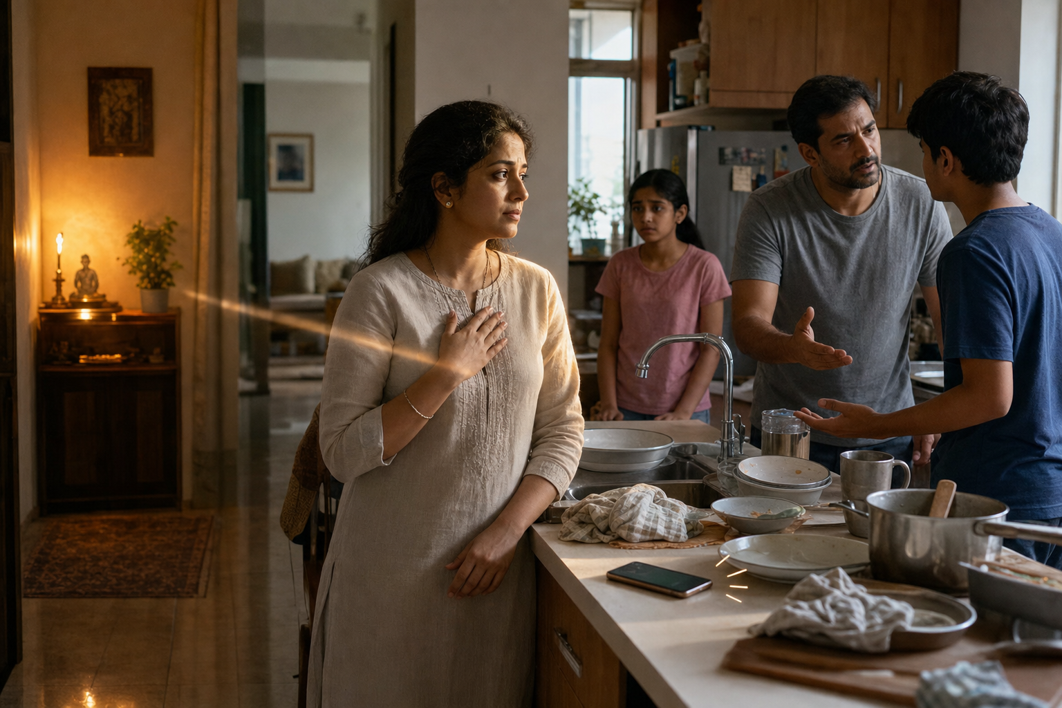 A person pauses during a tense household moment while a faint line of light connects them to a prayer lamp in the next room.