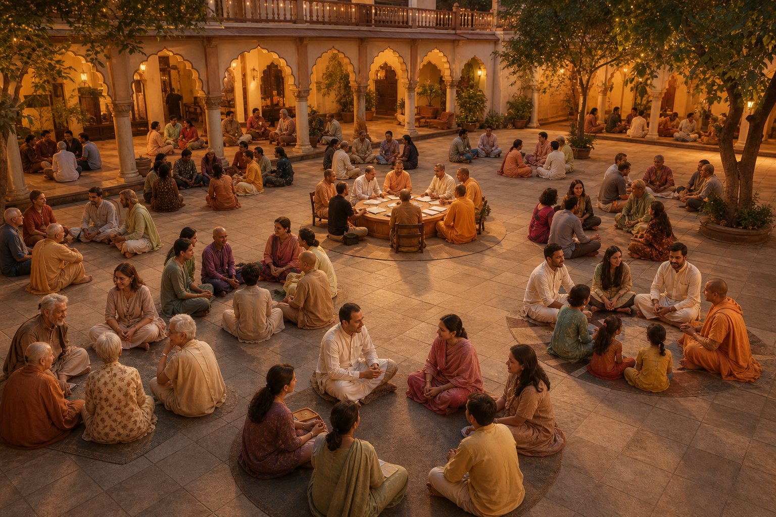 A large temple community meets in small listening circles connected by coordinators across a spacious courtyard.