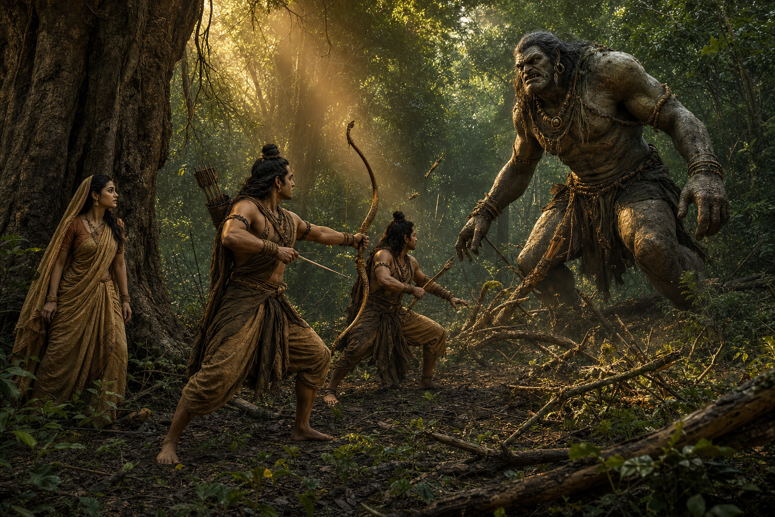 Rama and Lakshmana confront the towering Viradha in a dense forest while Sita stands behind them near a tree.