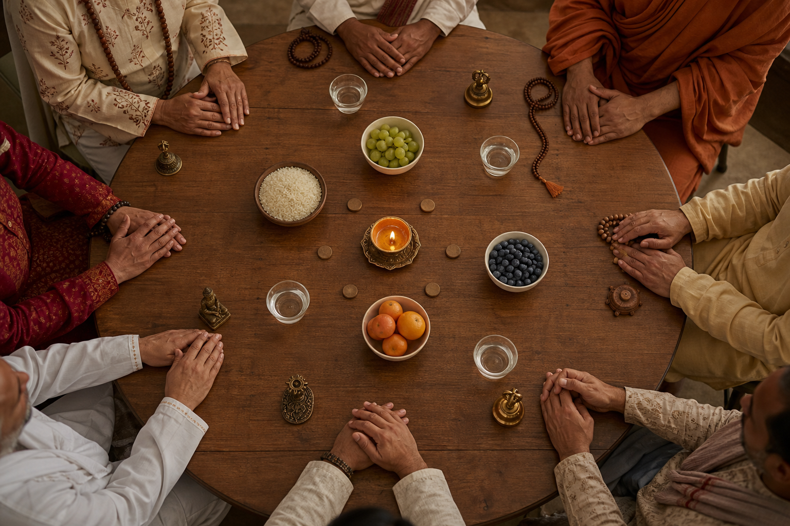 People from several Dharmic traditions sit equally around a round table with a lamp, food, water, and simple devotional objects at the center.
