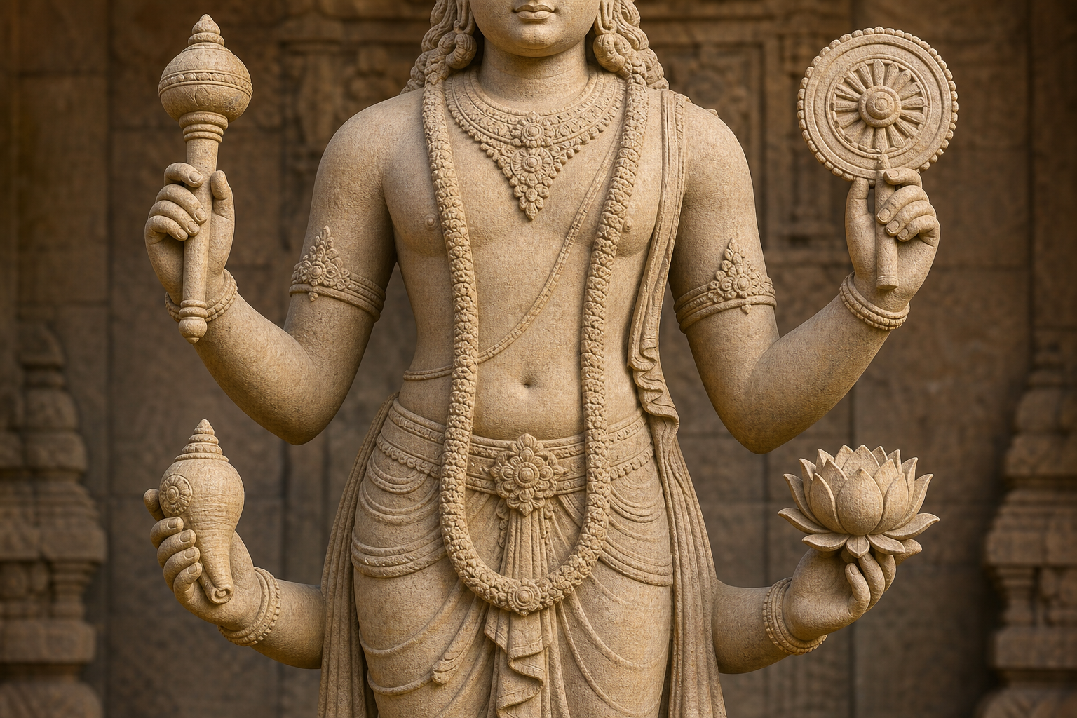 Close view of an Upendra sculpture showing a mace and conch on the deity's right side and a discus and lotus on the left.