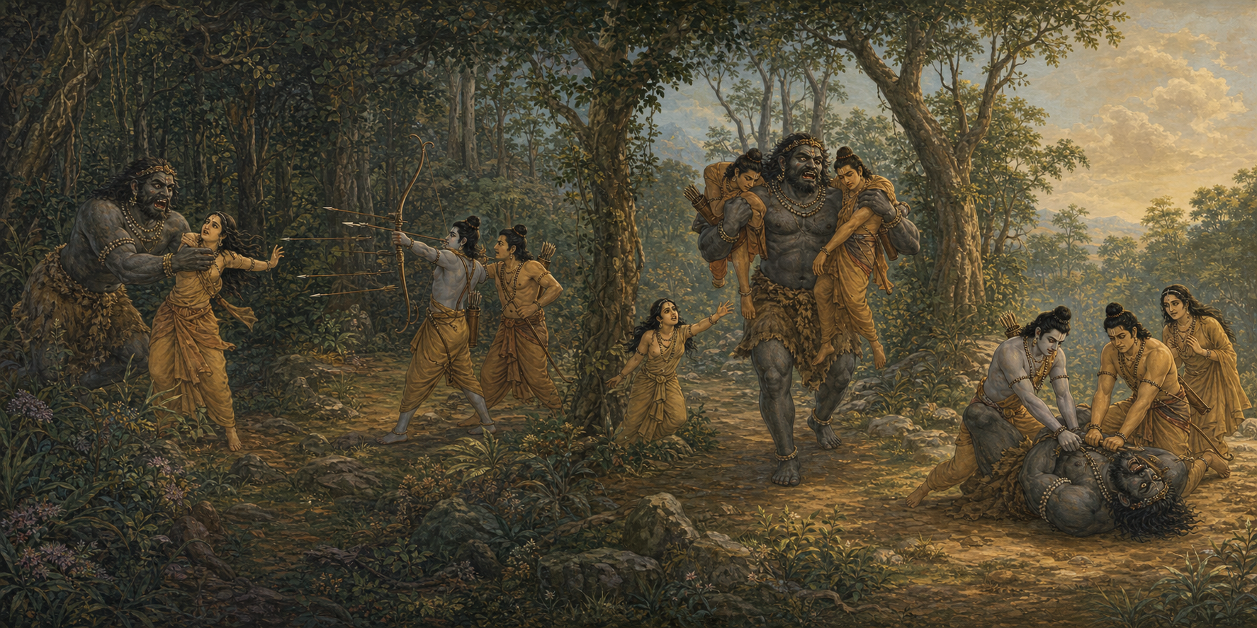 A continuous forest narrative shows Viradha seizing Sita, resisting arrows, carrying Rama and Lakshmana, and finally being subdued by the brothers.