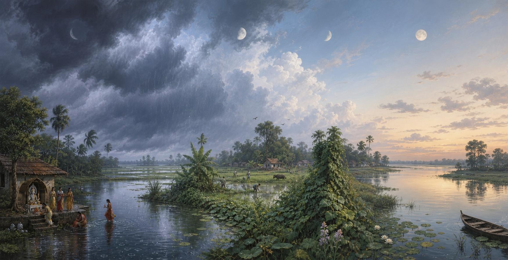 A panoramic Bengali landscape moves through successive stages of the monsoon, from gathering rain clouds to late-season greenery and a calm riverbank.