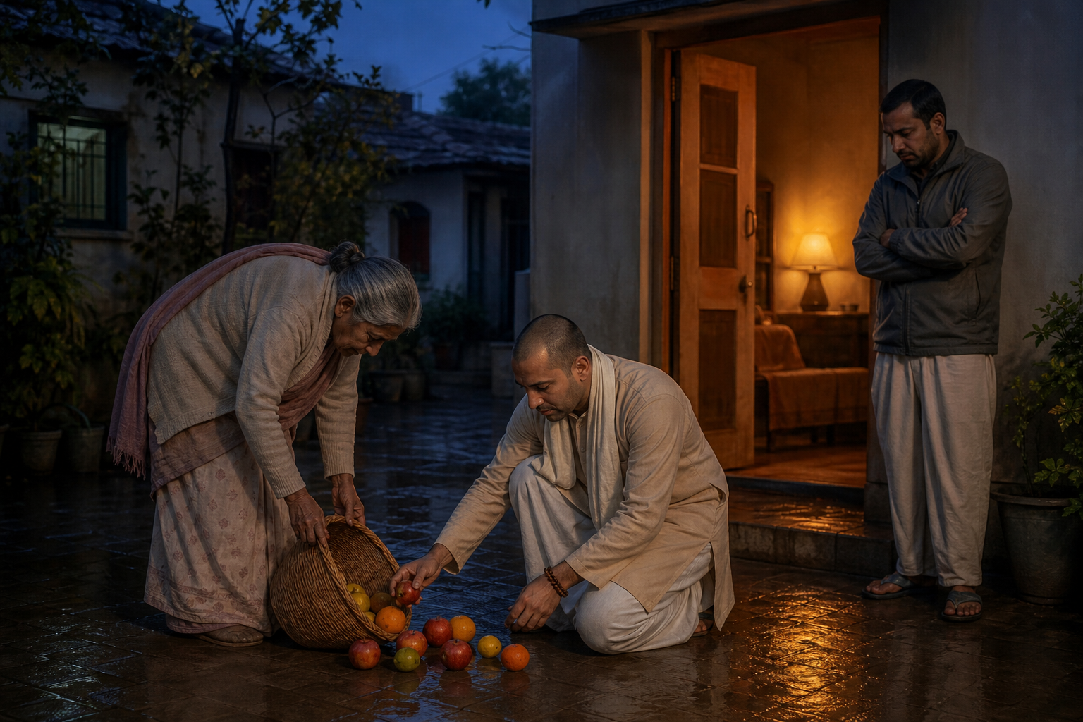 A calm person helps an older neighbor collect spilled fruit in a damp courtyard while another person waits nearby.