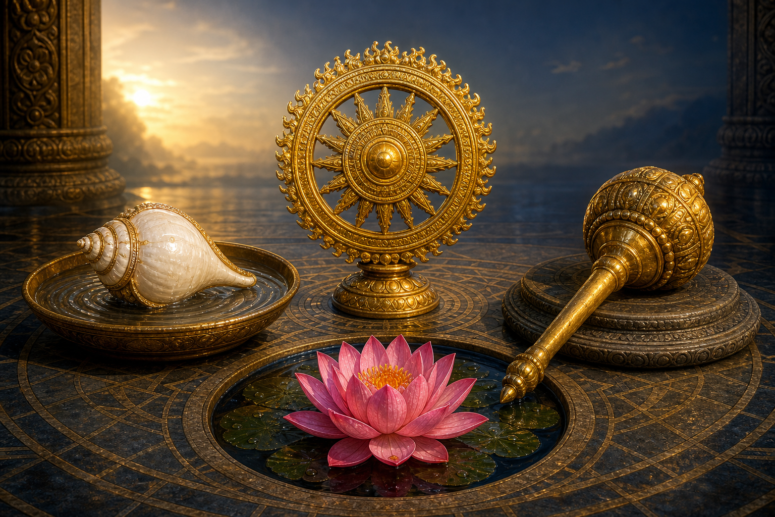 A conch, discus, mace, and lotus arranged together in a temple-inspired symbolic still life.