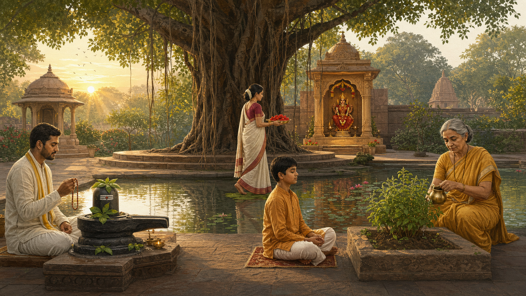 Four Hindu practitioners follow different devotional and contemplative practices beneath a banyan tree illuminated by the same sunrise.