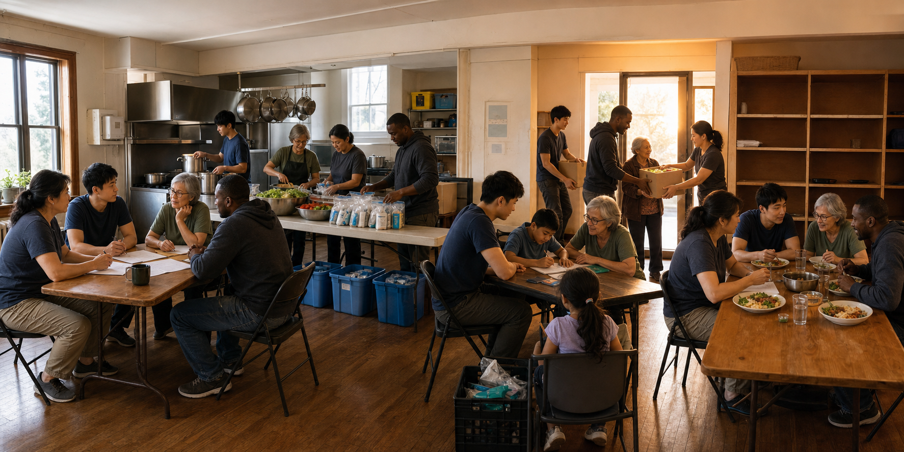 The same volunteer team plans, prepares meals and care kits, tutors children, delivers supplies, and shares a meal after completing its work.