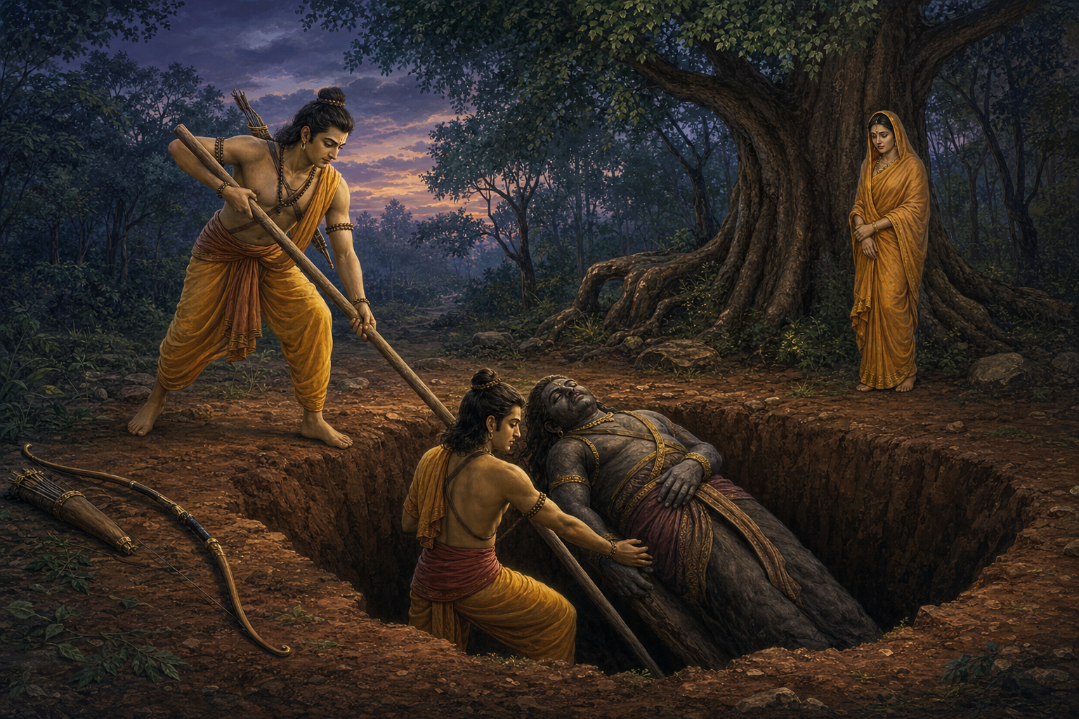 Rama and Lakshmana lower the defeated Viradha into an earthen pit while Sita watches in the forest and their bows lie nearby.
