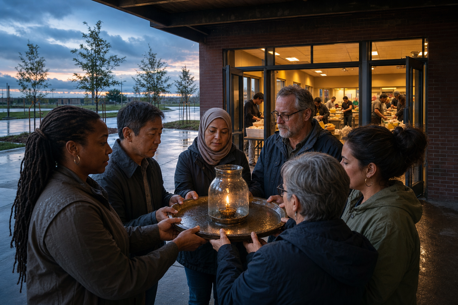 Community council members gather outside a service center after rain while volunteers continue working inside and protect a lit lamp from the wind.