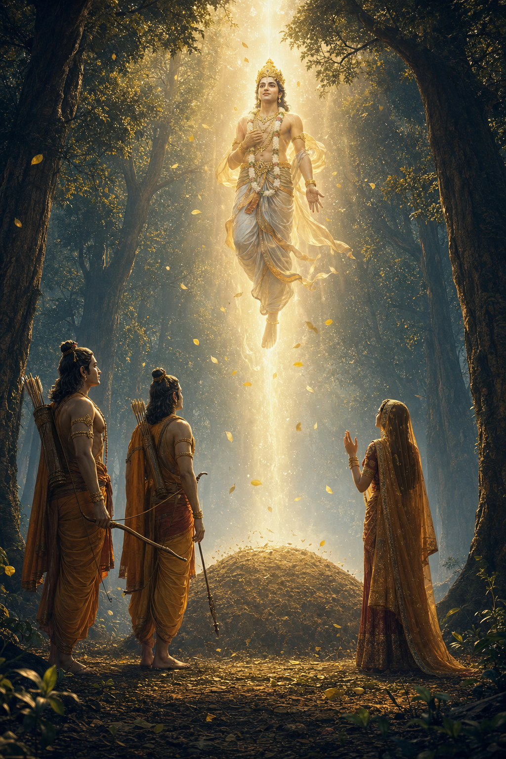 A radiant celestial figure rises above Viradha's burial mound as Rama, Lakshmana, and Sita watch peacefully in the forest.