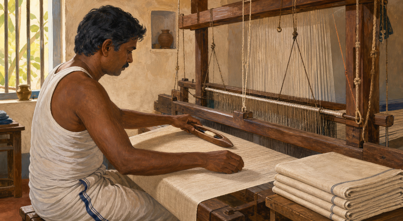 A weaver guides a shuttle through a wooden handloom as a length of cloth gradually takes shape.