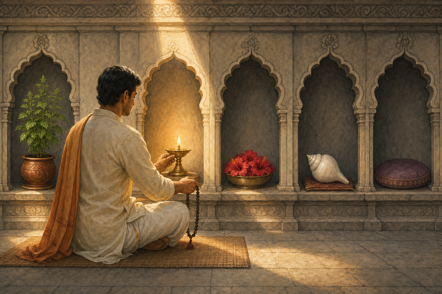 A seated seeker tends one oil lamp and holds a rudraksha mala while other devotional objects remain respectfully arranged in separate niches.