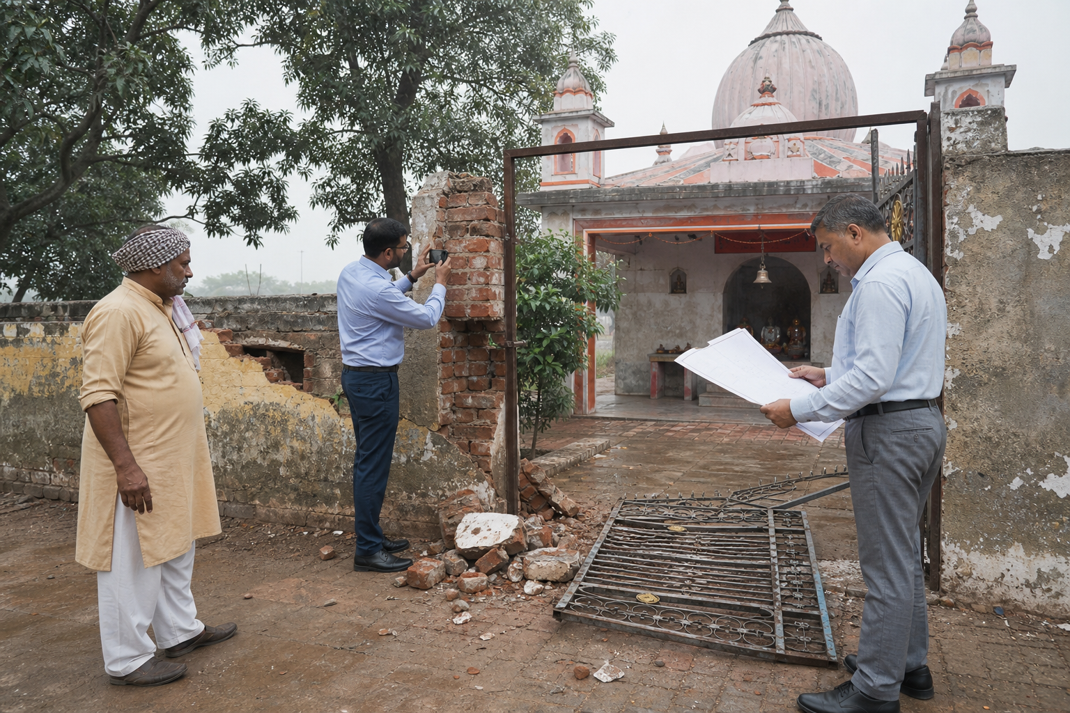 A shrine caretaker and two officials document damage to the boundary gate of a small historic religious site.