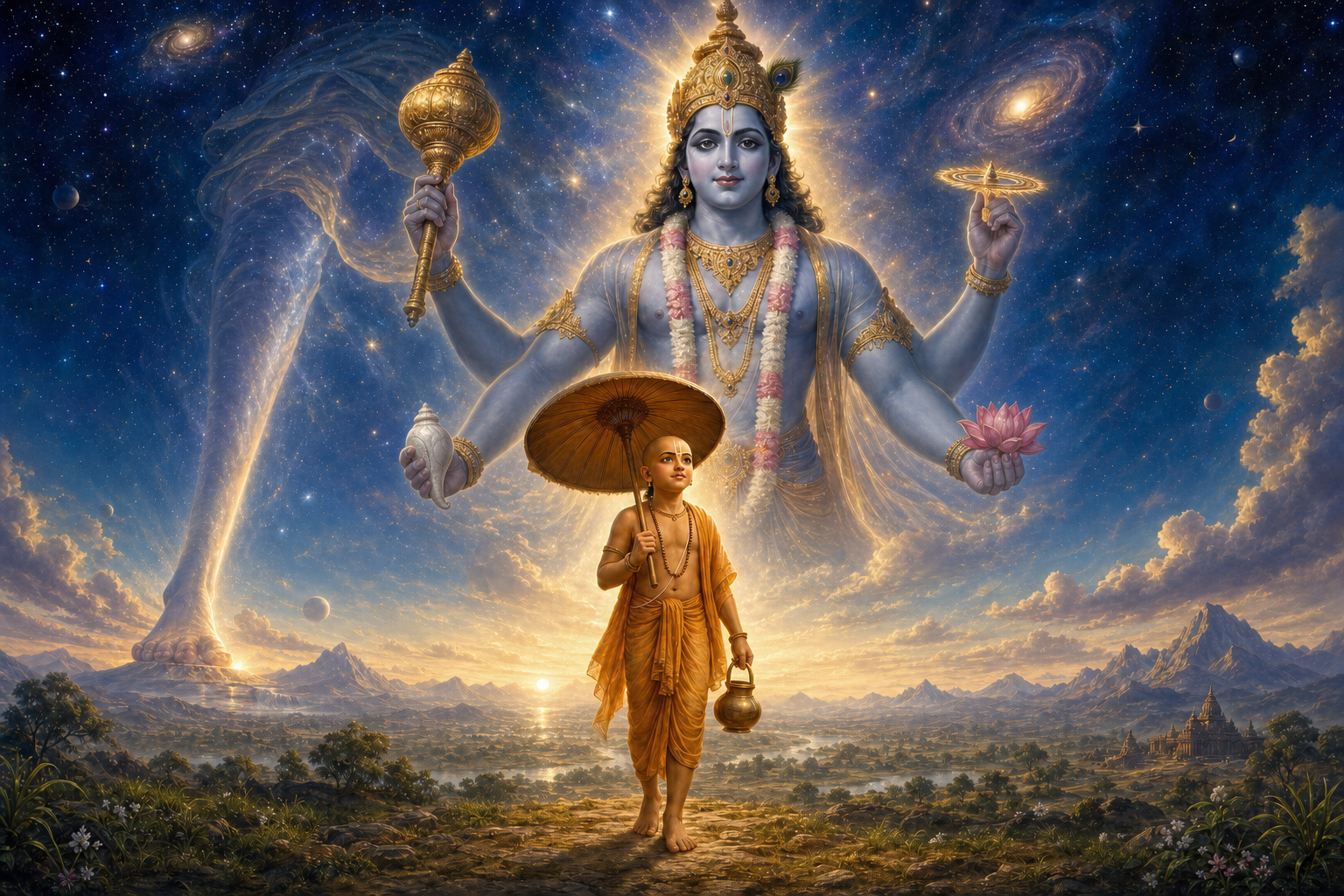 Vamana with an umbrella and water vessel stands before a luminous four-armed form of Upendra as a cosmic stride spans earth and sky.