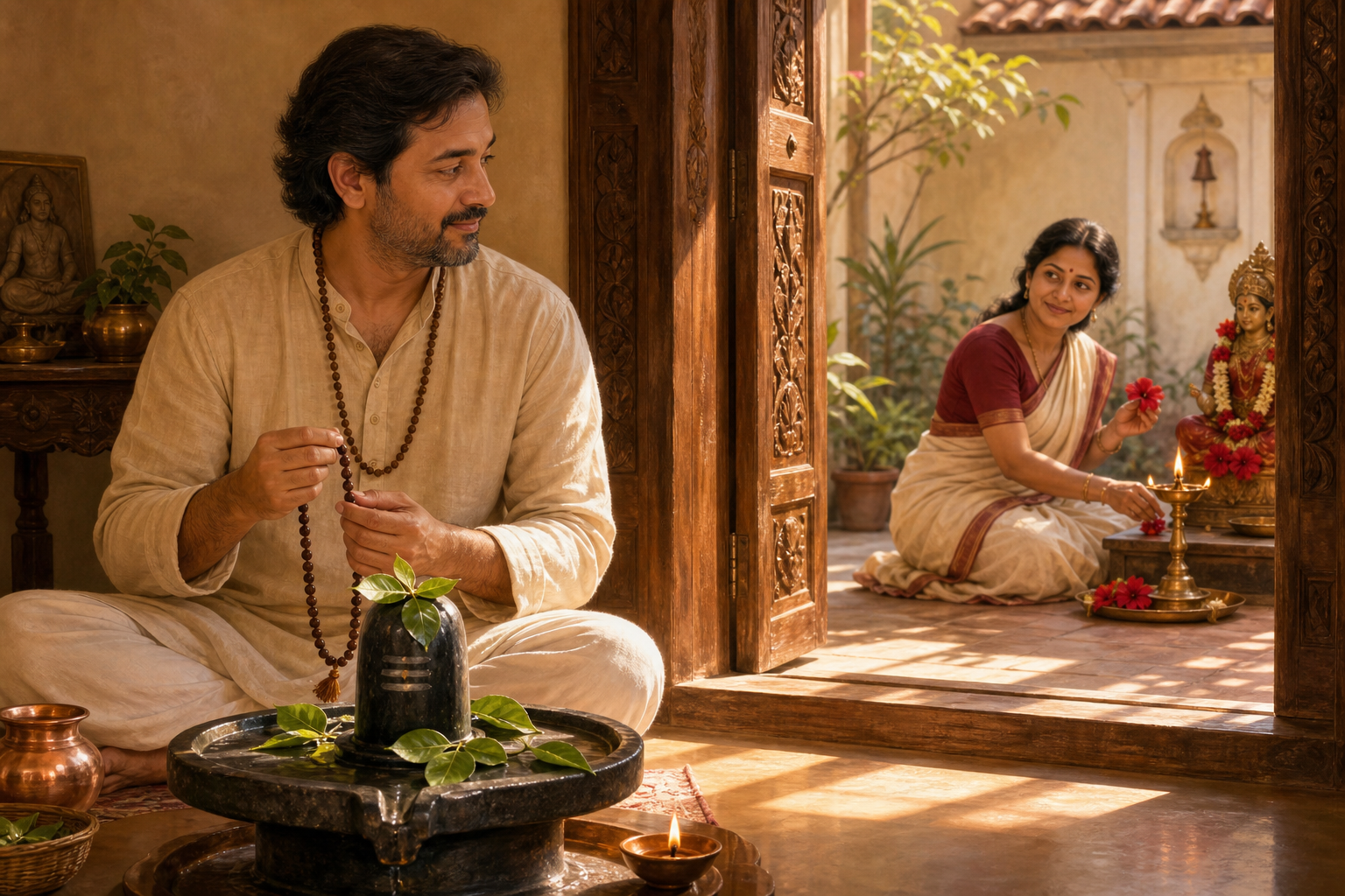 One person performs japa before a Shiva lingam while a relative prepares red hibiscus flowers for Devi worship in the adjoining courtyard.