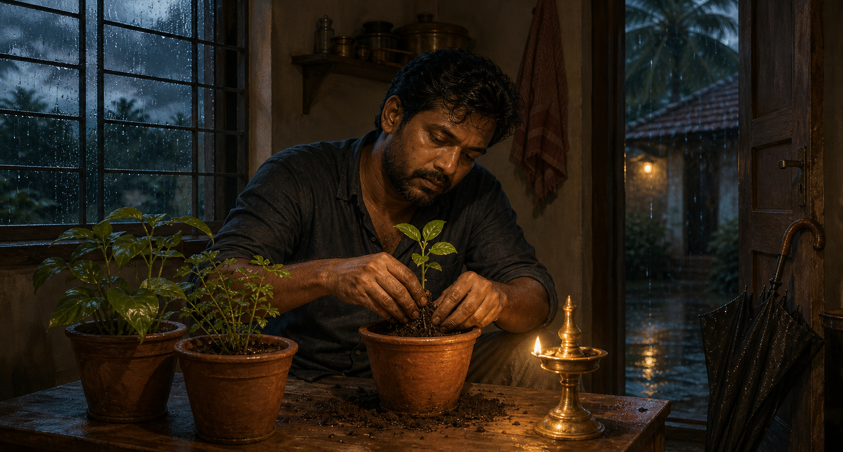 A tired person pots a small seedling at a table while monsoon rain falls outside the window.