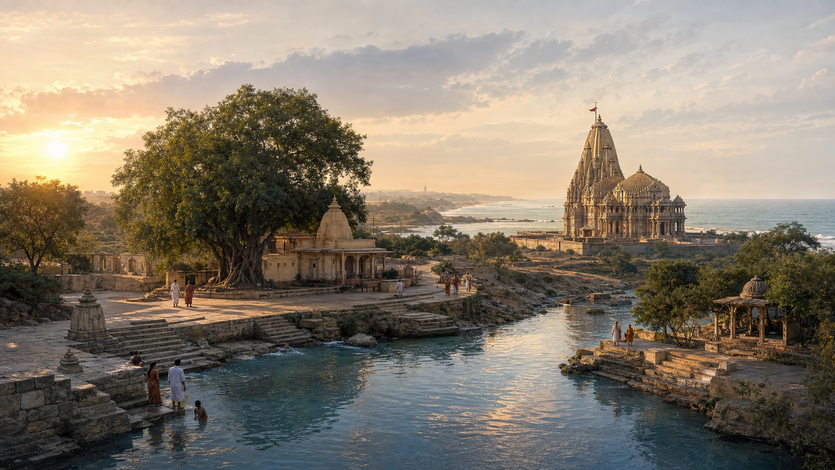 Panoramic illustration of Prabhasa Patan showing river ghats, a tree-shaded shrine, the coast and Somnath temple connected by a pilgrim route at dawn.