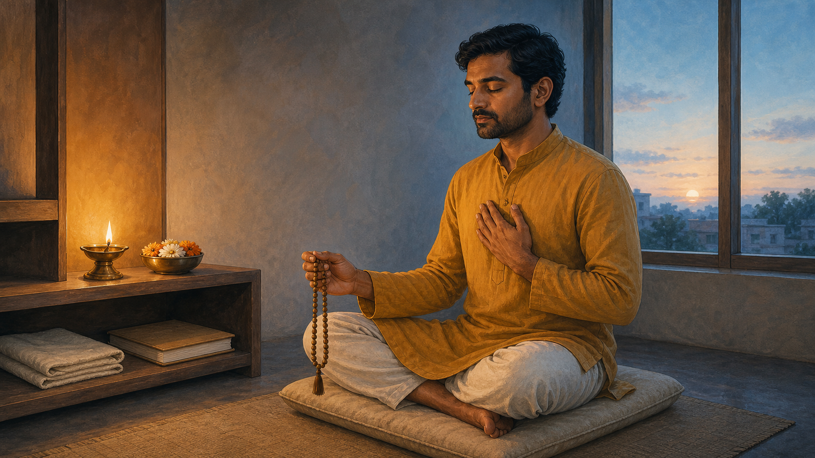 A person sits on a cushion at dawn, holding wooden prayer beads beside a lit oil lamp and a simple home prayer shelf.