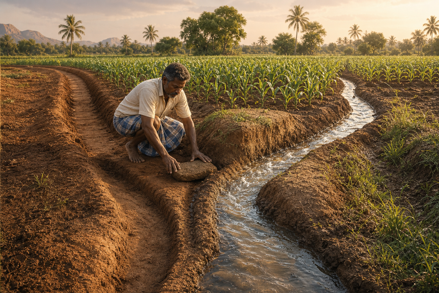 A farmer redirects an irrigation channel around blocked soil so water can reach rows of young crops.