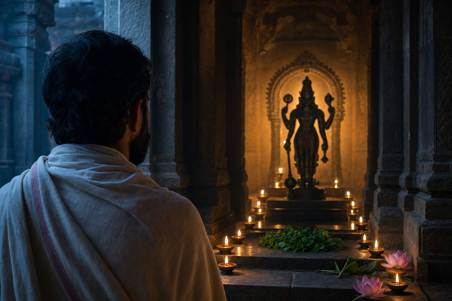 A devotee faces a four-armed Upendra murti illuminated by oil lamps in a quiet stone temple.