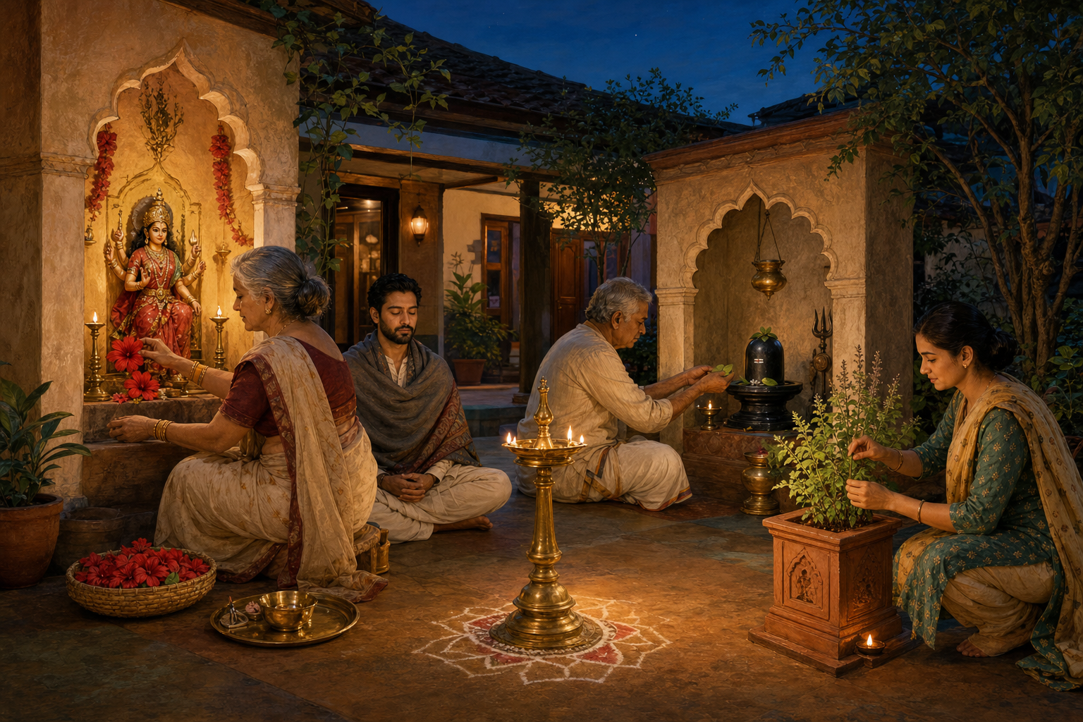 A multigenerational family practices different forms of Hindu devotion around a shared lamp in a home courtyard.