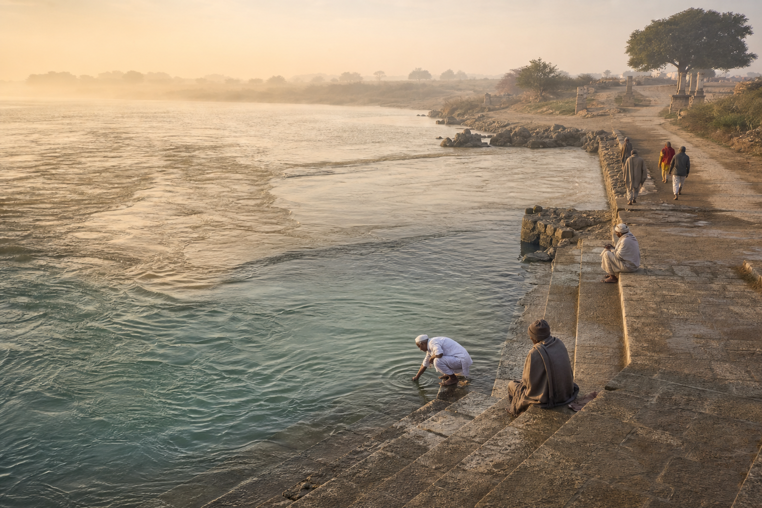 Pilgrims sit and walk beside the stone ghats where calm waters meet at Triveni Sangam in the early morning.