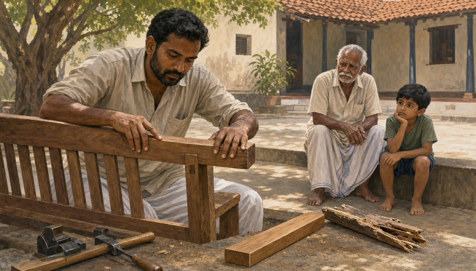 A craftsperson checks the stability of a repaired wooden bench while two community members wait nearby.
