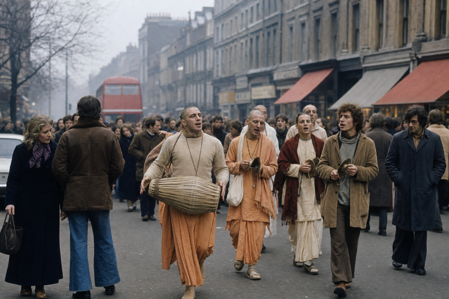 A recreated early-1970s London street scene shows Hare Krishna devotees chanting as period-dressed pedestrians watch and walk past.