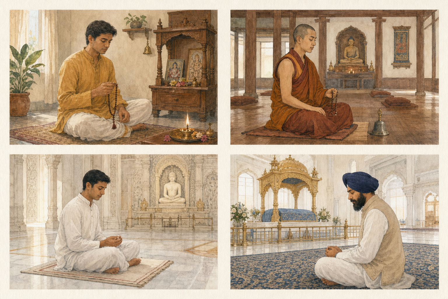 Four separate scenes show Hindu japa at home, Buddhist chanting in a meditation hall, Jain recitation in a white-stone prayer space, and Sikh prayer in a gurdwara.