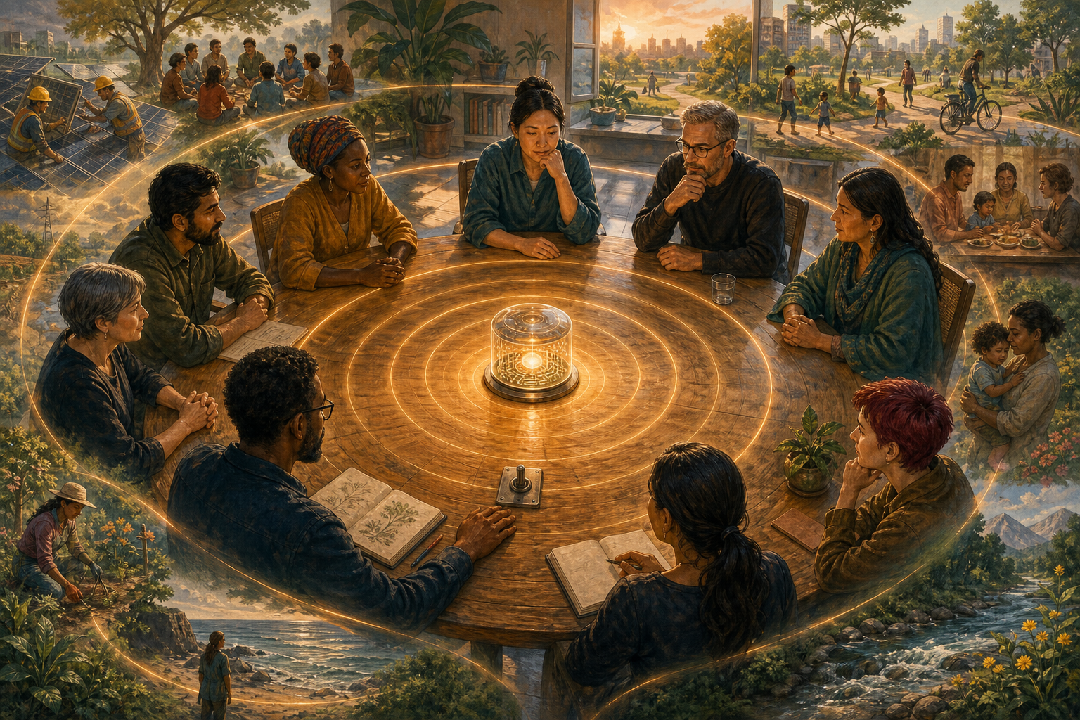 A diverse group reviews a glowing device around a circular table as rings of light extend toward people, public spaces, and nature.