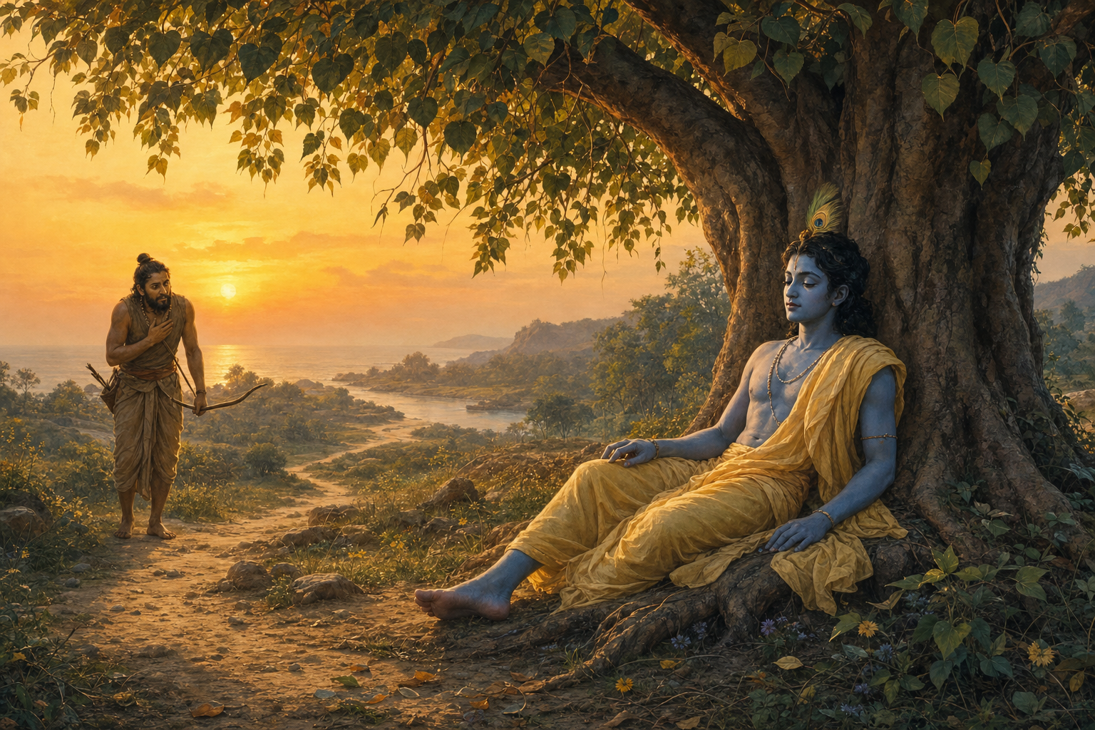 Respectful narrative illustration of Krishna resting beneath a peepal tree as the remorseful hunter Jara lowers his bow at sunset.