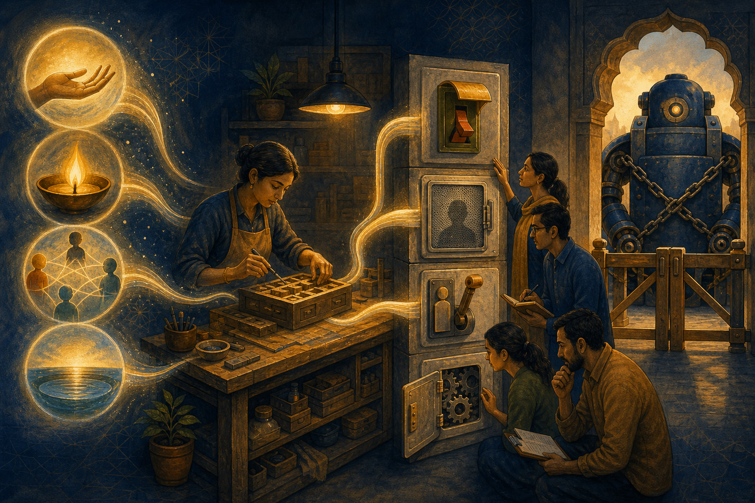 Ethical concepts flow across a workbench into physical safeguards that a product team inspects before releasing a machine.
