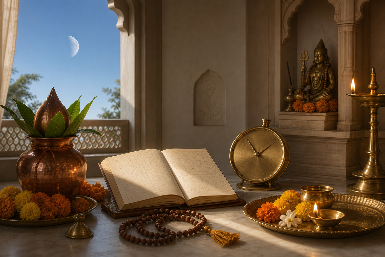 A brass lamp, ritual vessels, flowers, prayer beads, and an open almanac sit near a window with a waning moon and morning sunlight.