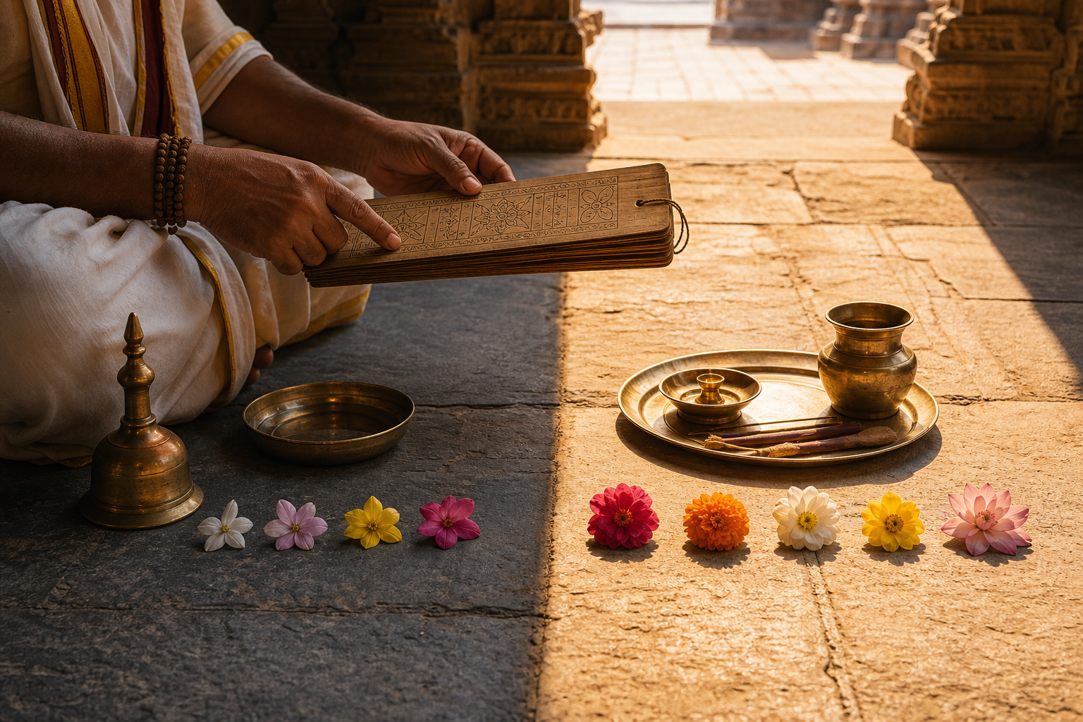 Sunlight divides a temple courtyard where a priest's hands consult an almanac beside groups of four and five flower offerings.
