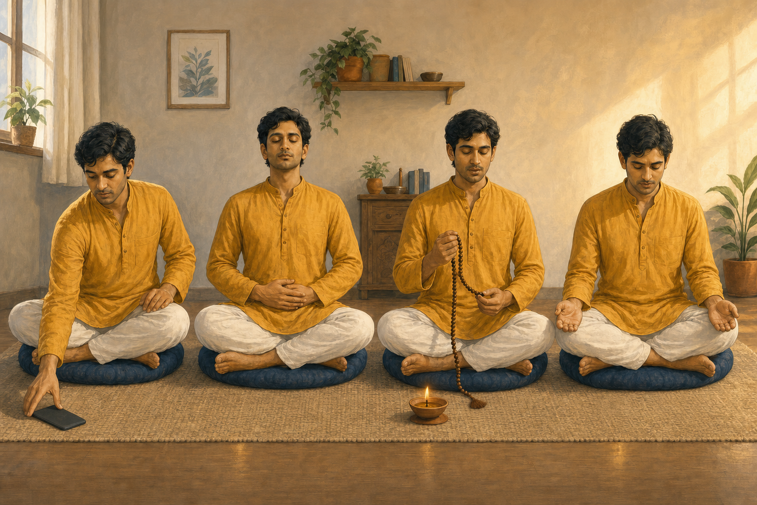 Four moments show one person settling on a cushion, regulating the breath, reciting with prayer beads, and ending in silent reflection.