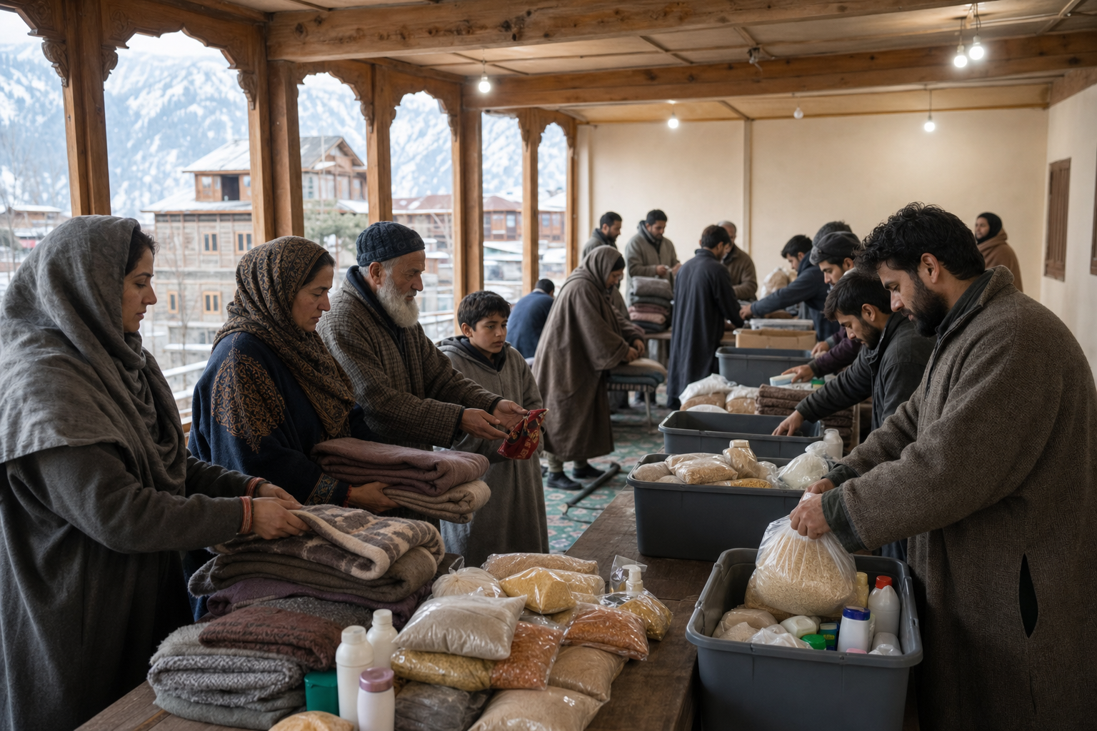 Kashmiri residents and volunteers sort donated blankets, food, hygiene supplies, and a small jewelry pouch in a community aid hall.