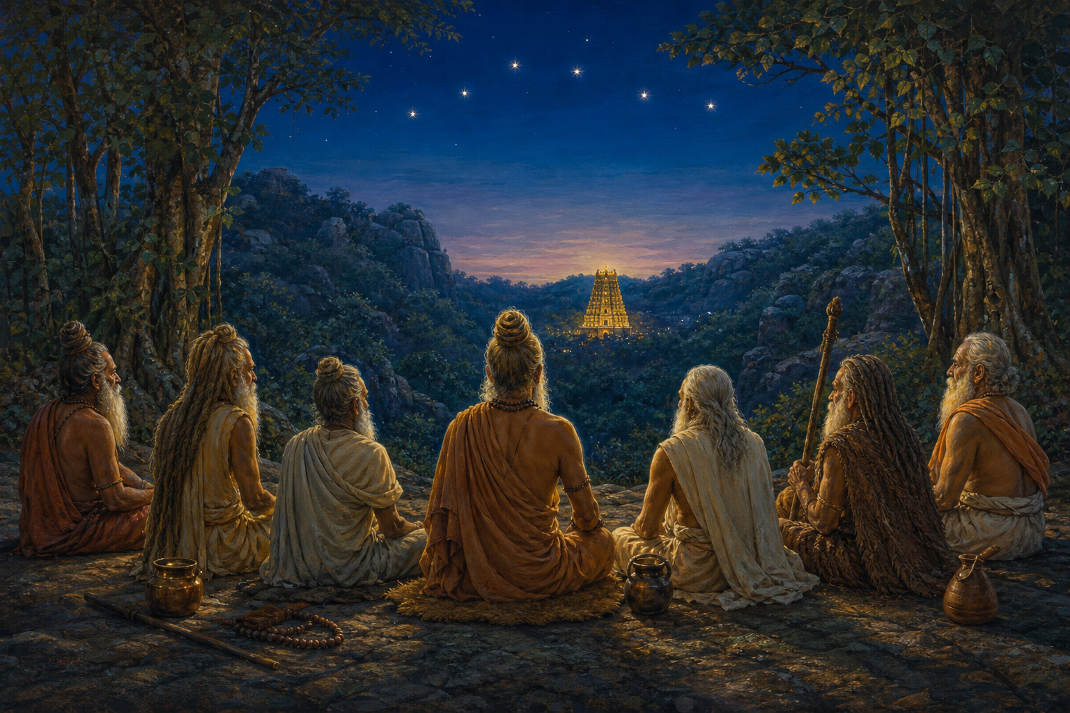 Seven elderly ascetics sit in a semicircle on a wooded hill facing a distant illuminated temple tower under seven stars.