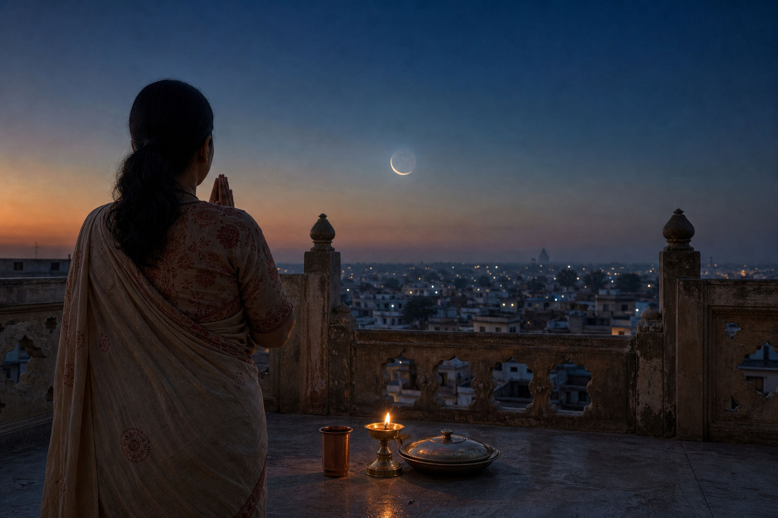 A devotee prays toward a waning moon rising at twilight beside a brass lamp, copper cup, and covered fasting plate.