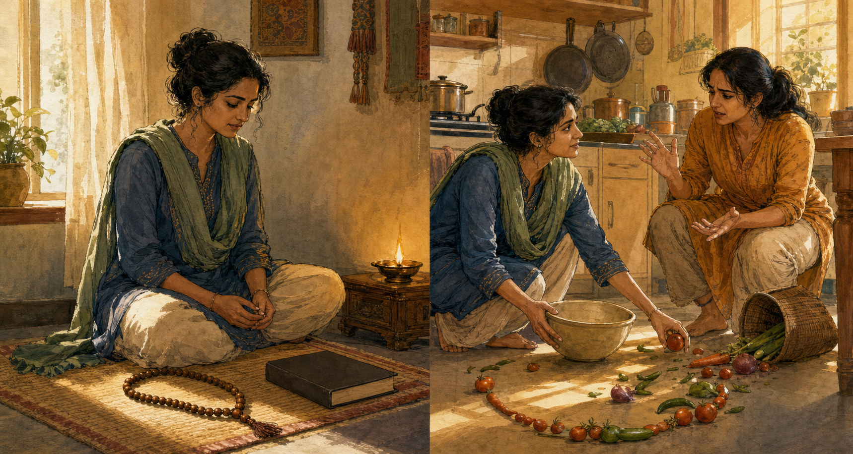 A two-part illustration shows a person praying with beads in the morning and later responding calmly while helping a family member in a kitchen.