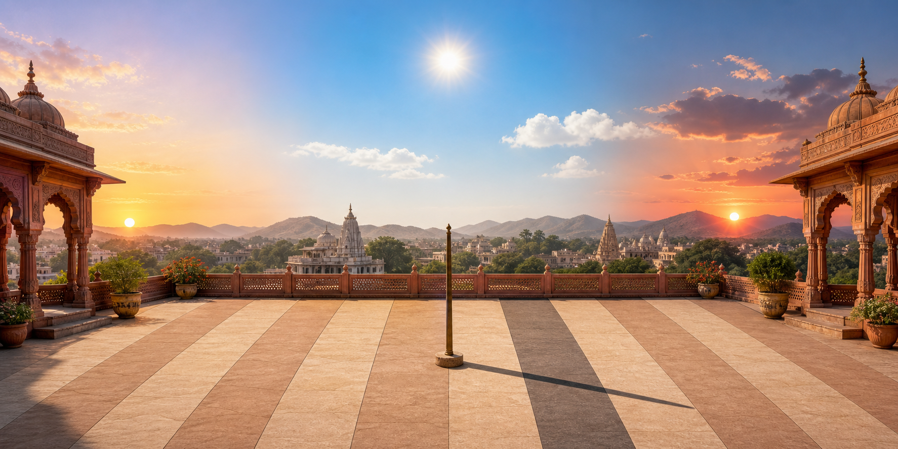 A courtyard progresses from sunrise to sunset across eight subtle daylight bands, with a gnomon casting changing shadows and one interval shaded.