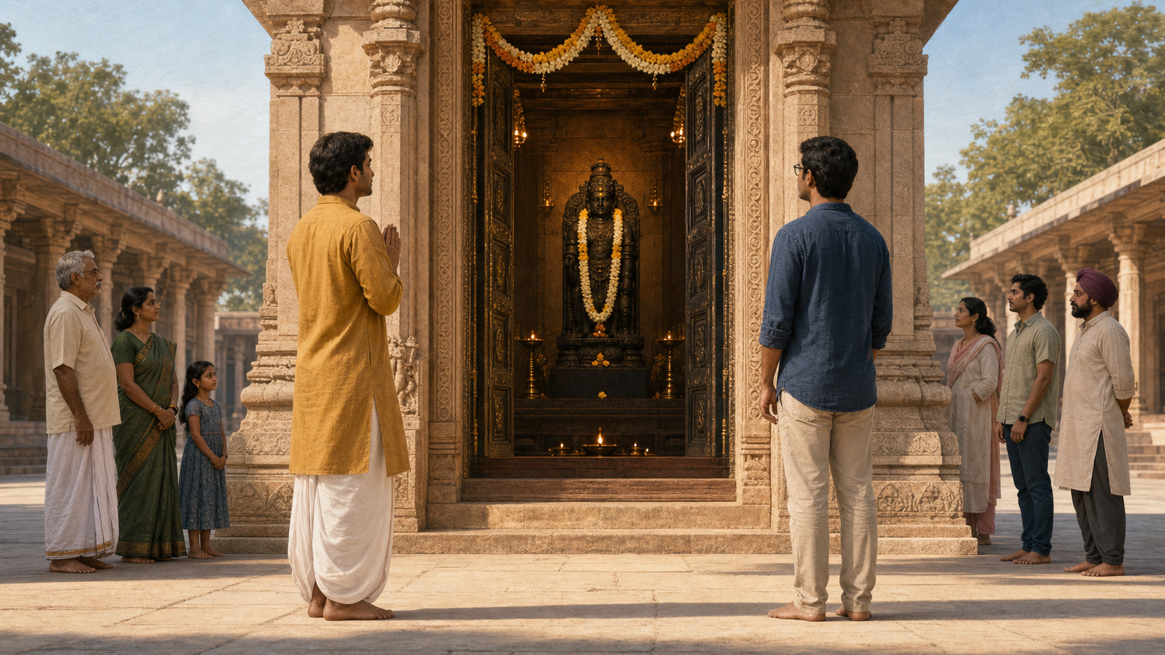 An open temple doorway frames a garlanded dark-stone murti while a worshipper and a non-worshipping observer stand respectfully together in a sunlit courtyard.