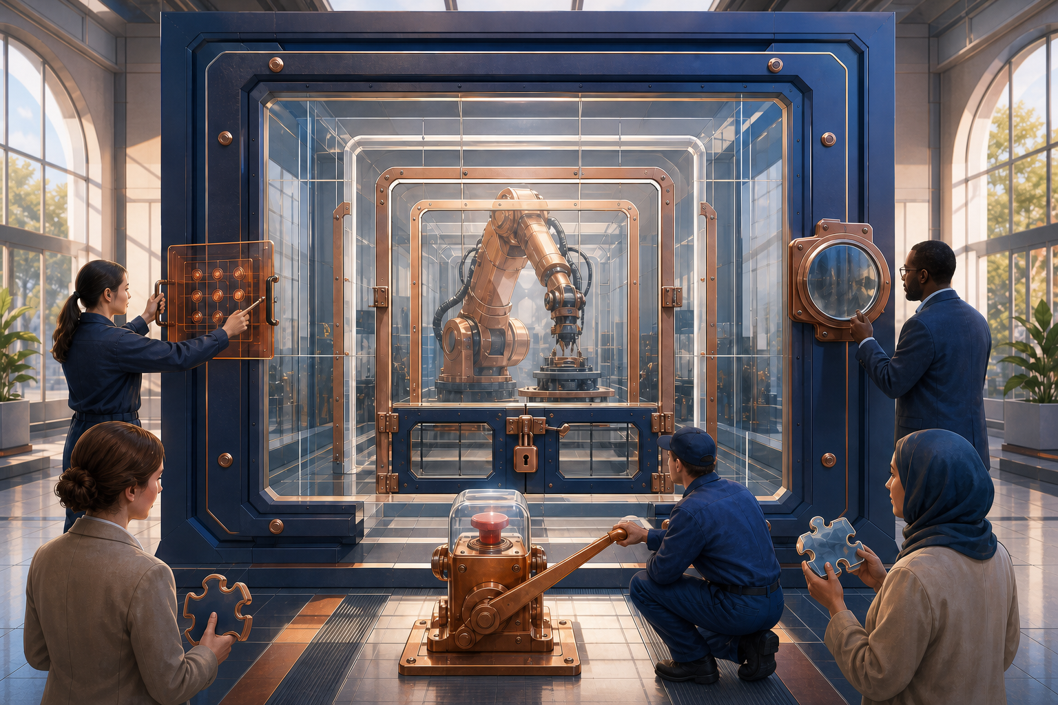 A high-risk automated machine operates within layered safeguards while an operator, auditor, worker, and community representative oversee it.