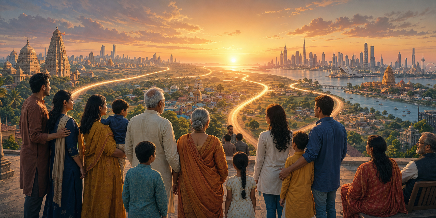 Multigenerational Hindu families stand before layered views of Indian, South Asian, and global cities as several illuminated paths lead toward the horizon.