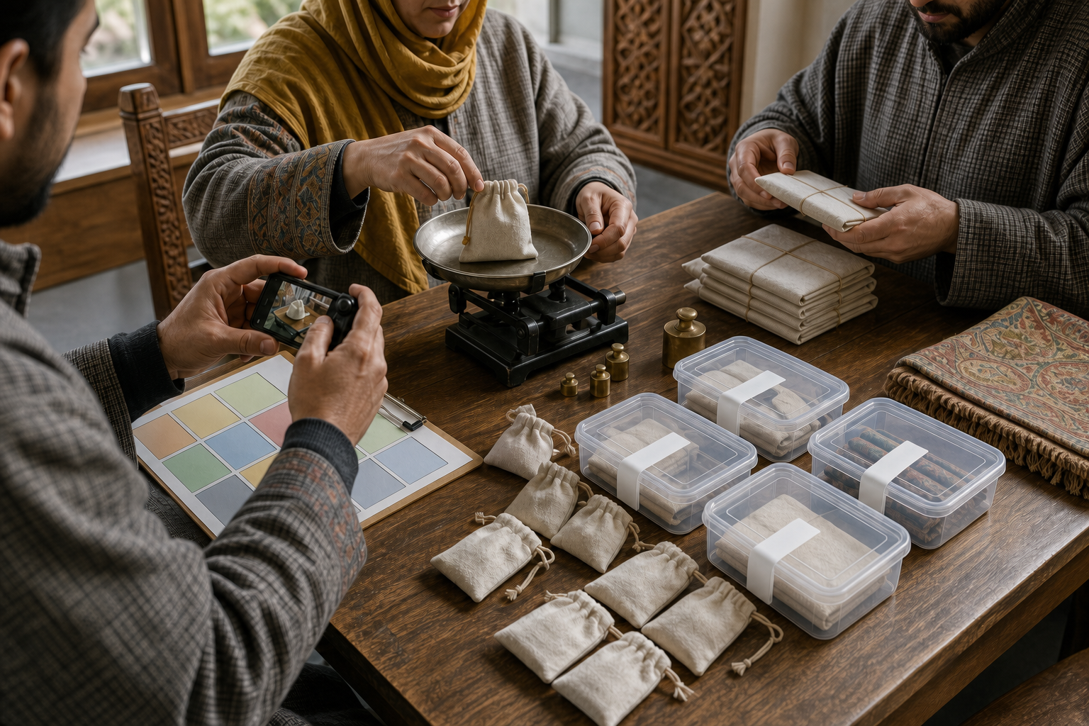Volunteers and an observer weigh, photograph, and seal donated items during a community collection review.