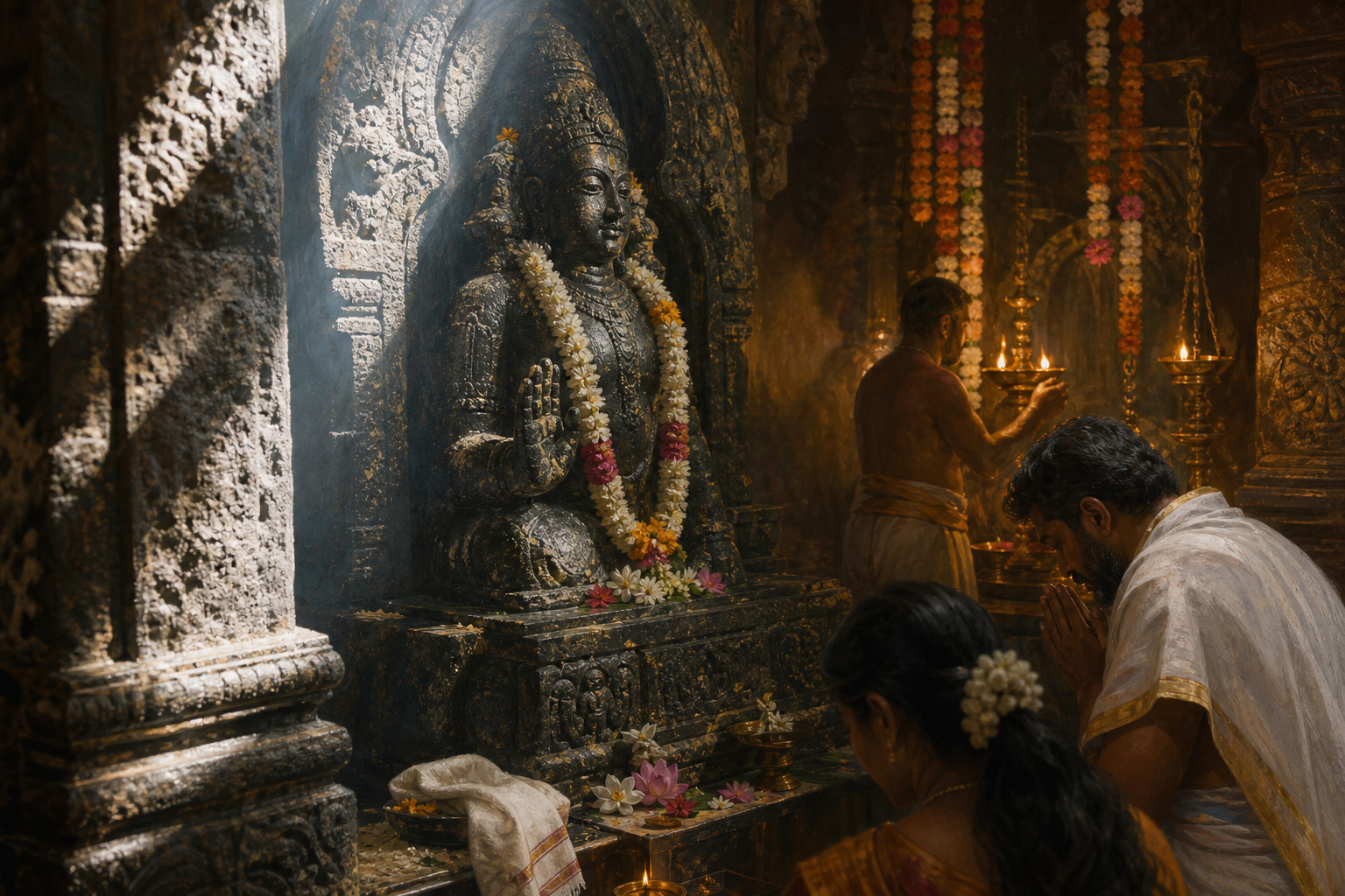 A dark-stone murti is shown with visible mineral texture inside a lamp-lit sanctum decorated with flowers as devotees stand quietly nearby.