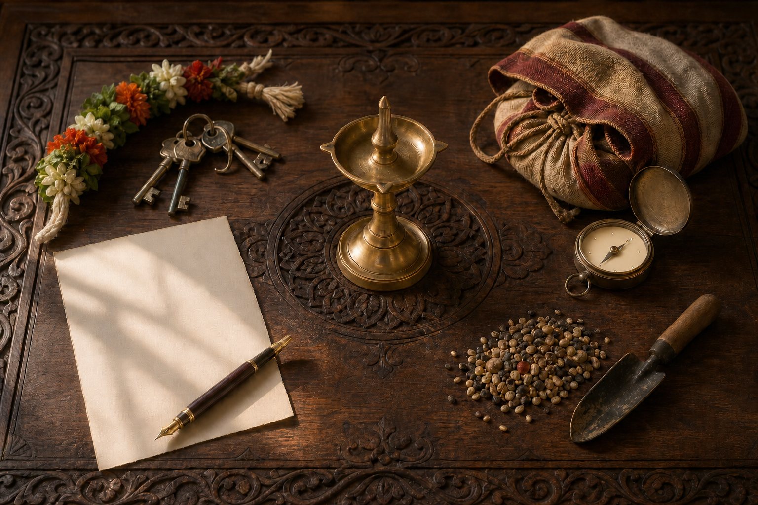 House keys, a blank document and pen, a travel bag and compass, and seeds surround a brass lamp on a wooden table.