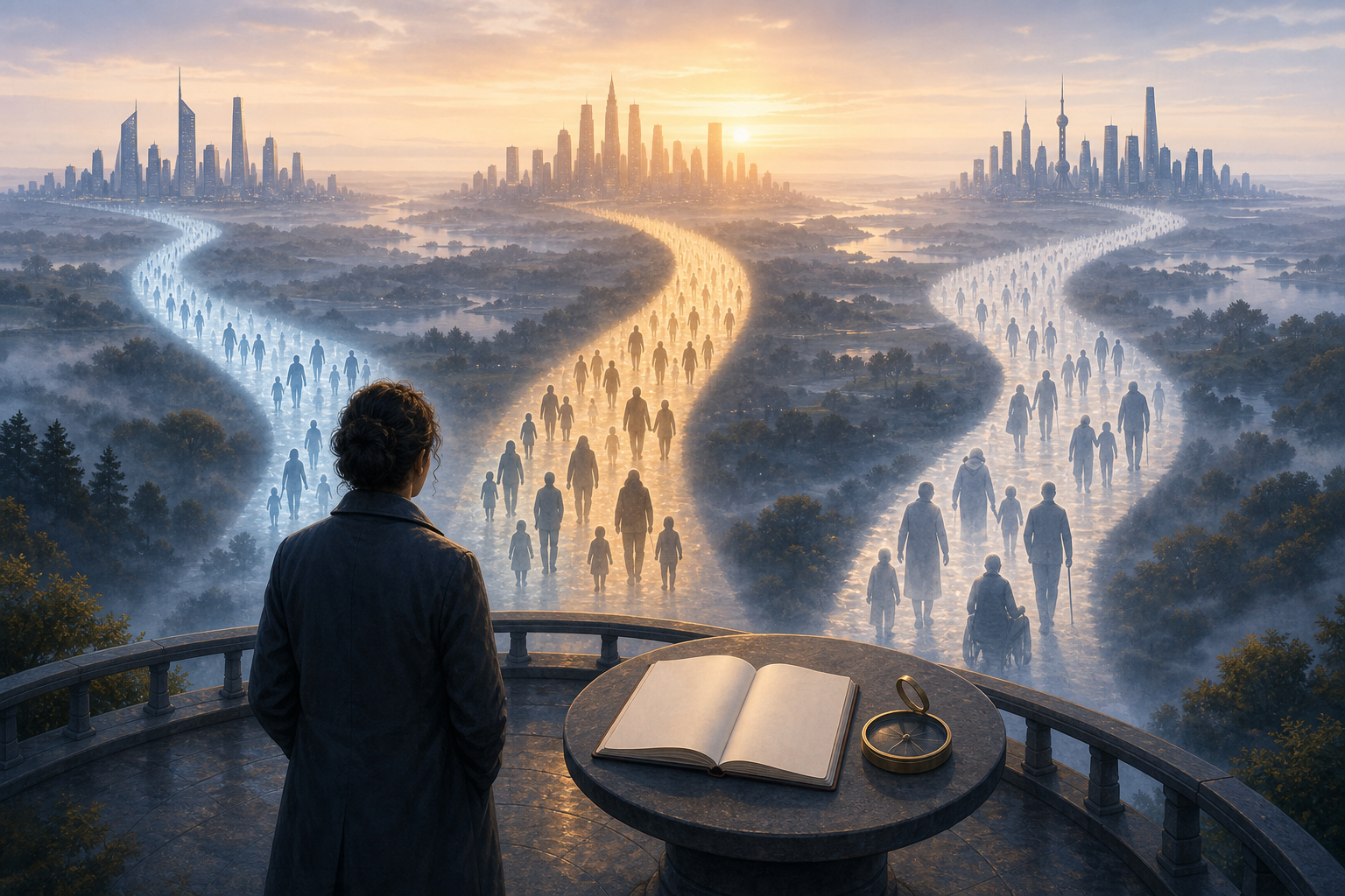A researcher overlooks three branching paths made of human silhouettes leading toward different future cityscapes.