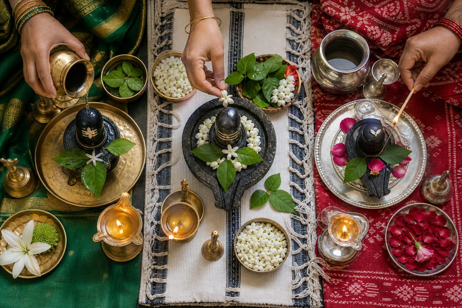 Three pairs of hands perform Shiva puja using bilva leaves, flowers, lamps and regional household textiles.