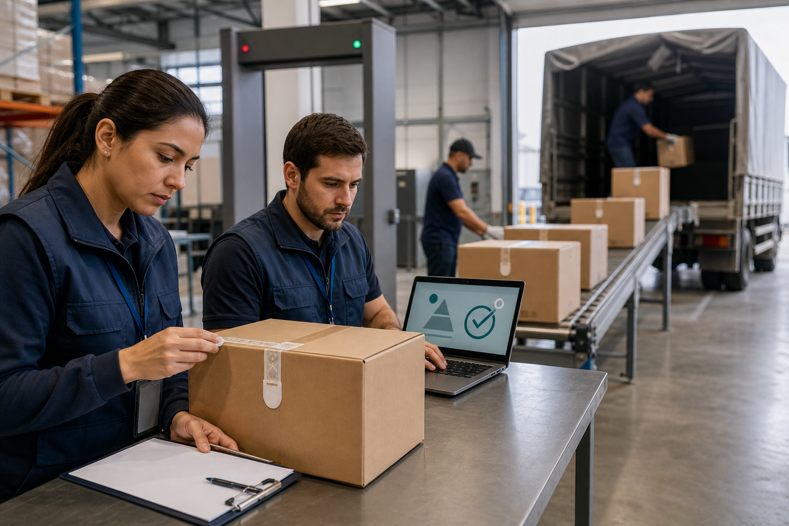 A compliance worker checks a sealed relief carton as inspected supplies move through a warehouse checkpoint.