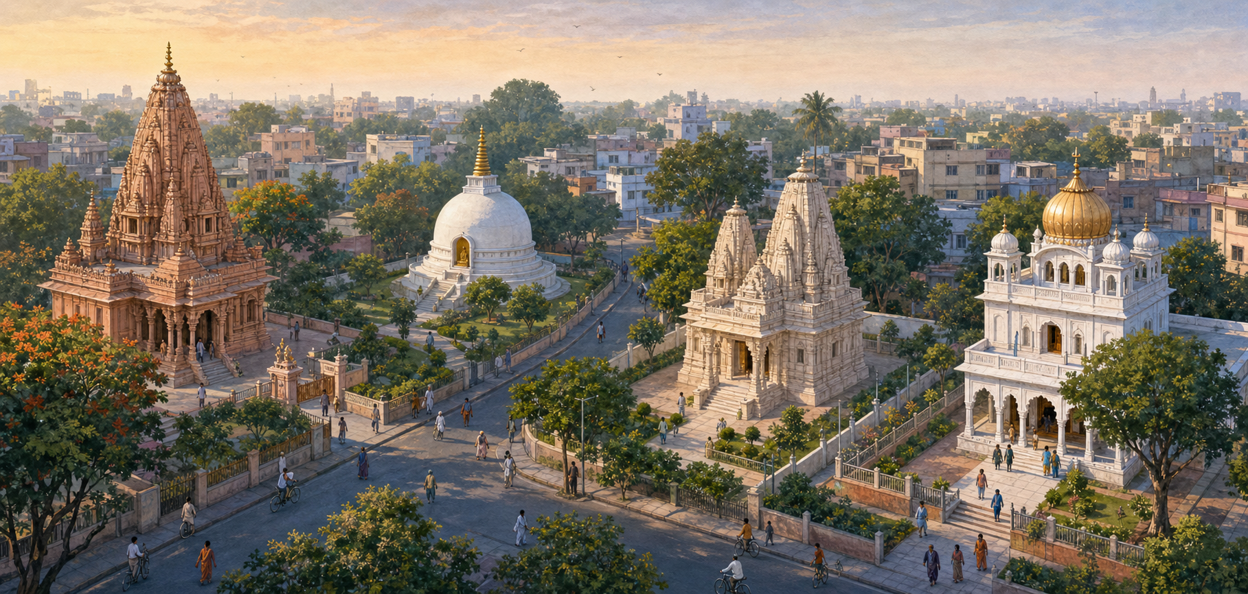 A Hindu temple, Buddhist stupa, Jain temple, and Sikh gurdwara stand in separate spaces along a shared tree-lined Indian neighborhood.
